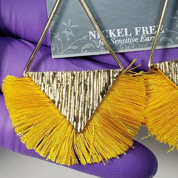 Gold Triangle Yellow Fringed Tassel Post Drop Earrings - 2.5" Women's Jewelry - Picture 9 of 9